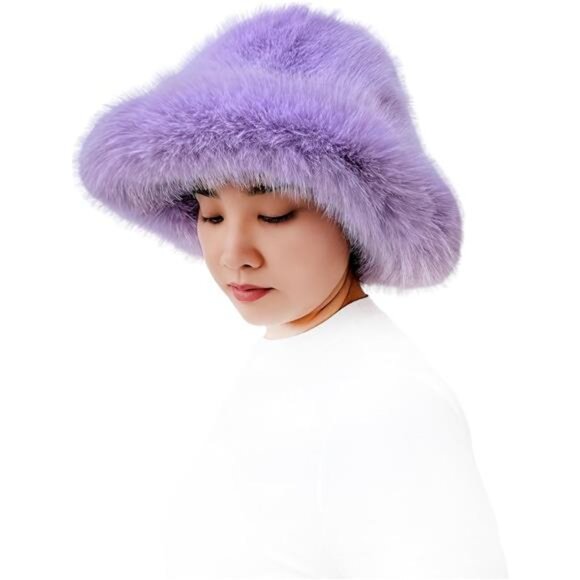 Oversized Winter Faux Fur Bucket Hat for Women Lavender - Picture 3 of 5